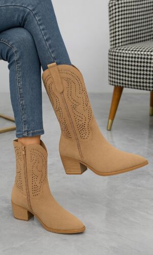 Bota Cowboy Camel con Detalle Calado