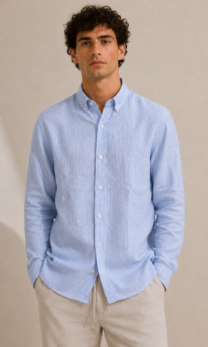 Camisa Puro Lino Azul Cielo con Rayas